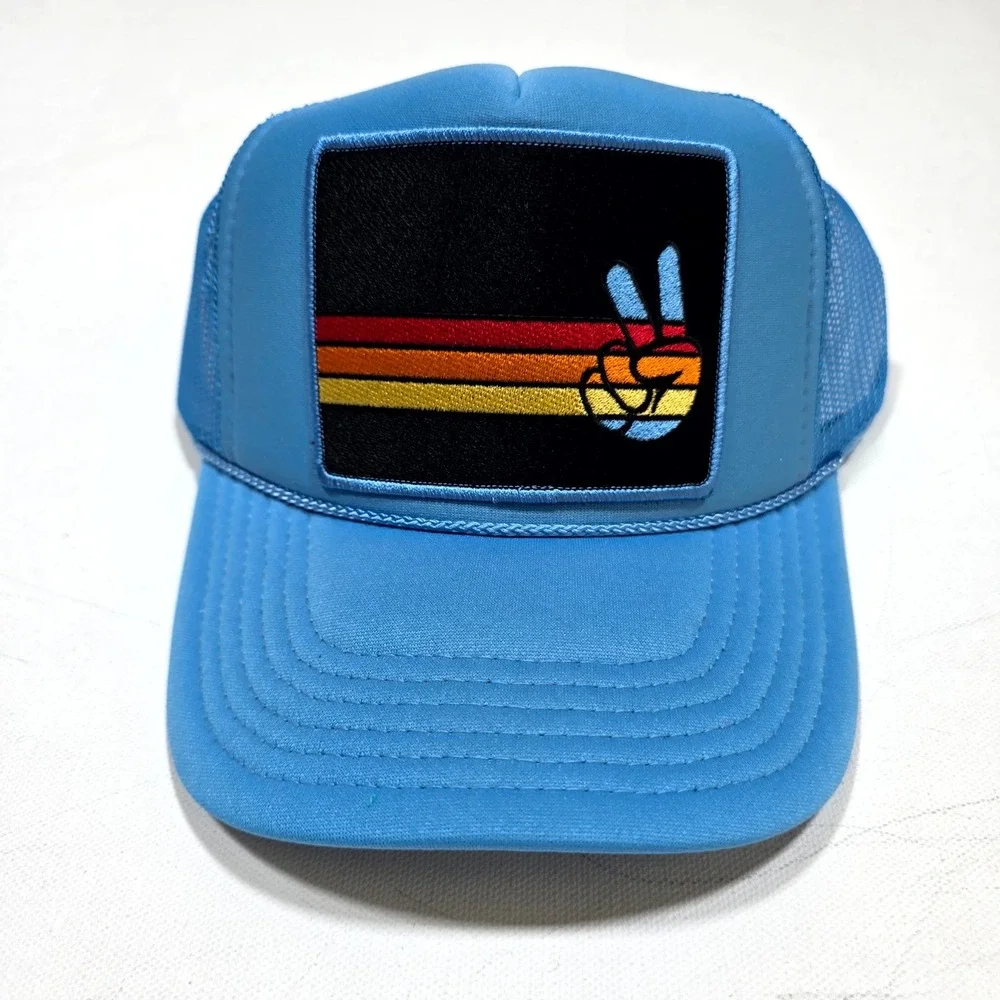 Port Sandz Trucker Hat Blue Peace Sign Retro Sunset Mesh Snapback Cap Surfer